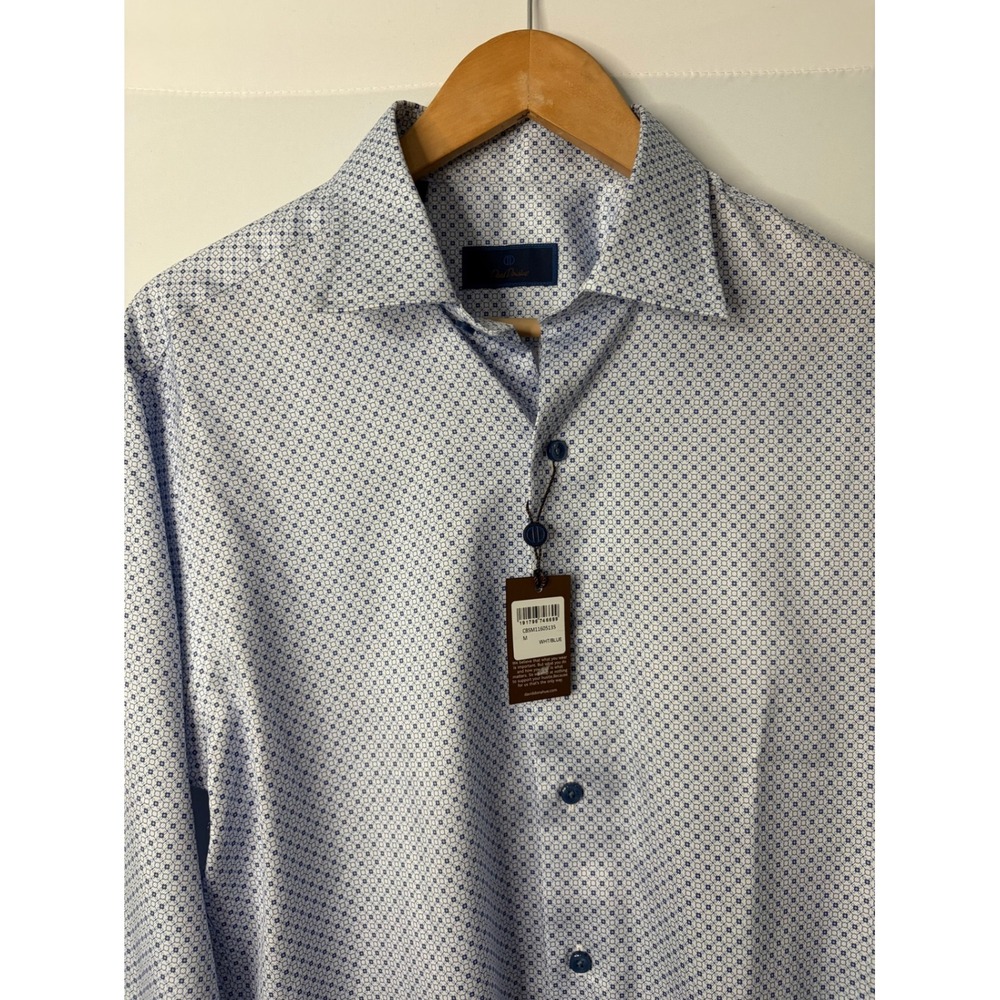 David Donahue Mens Blue White Geometric Floral Cotton Button Down Shirt M NEW